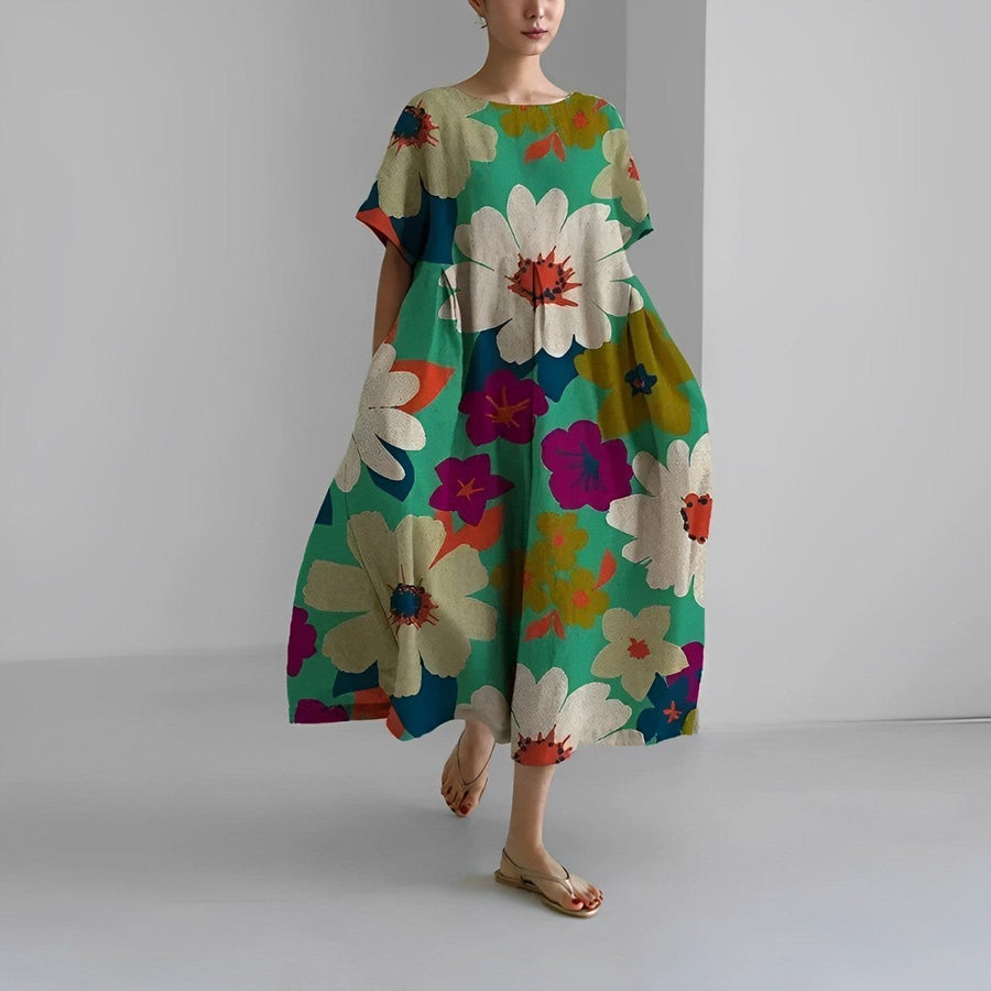 Daisy Retro Big Swing Loose Maxi Dress in Green