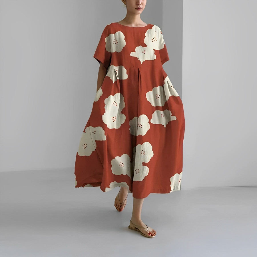 Daisy Retro Big Swing Loose Maxi Dress in Maroon Red