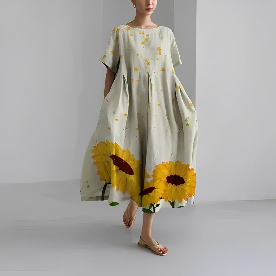 Daisy Retro Big Swing Loose Maxi Dress in Off White