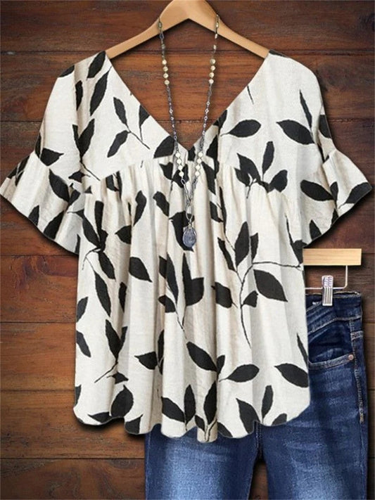 Daisy Women's Printed V-Neck Ruffle Top Short Sleeve Blouse in White