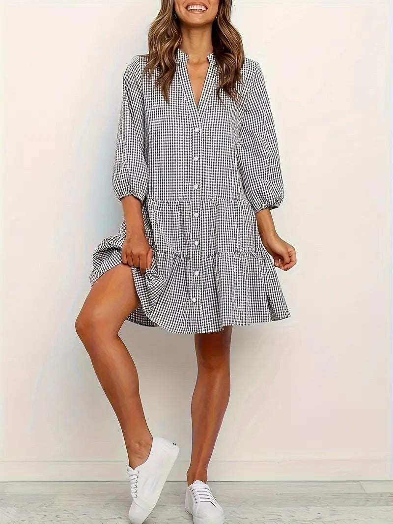 Daisy Women's Striped Smocked Waist Mini Dress 3/4 Sleeve Tiered Hem in Black
