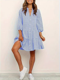 Daisy Women's Striped Smocked Waist Mini Dress 3/4 Sleeve Tiered Hem in Blue