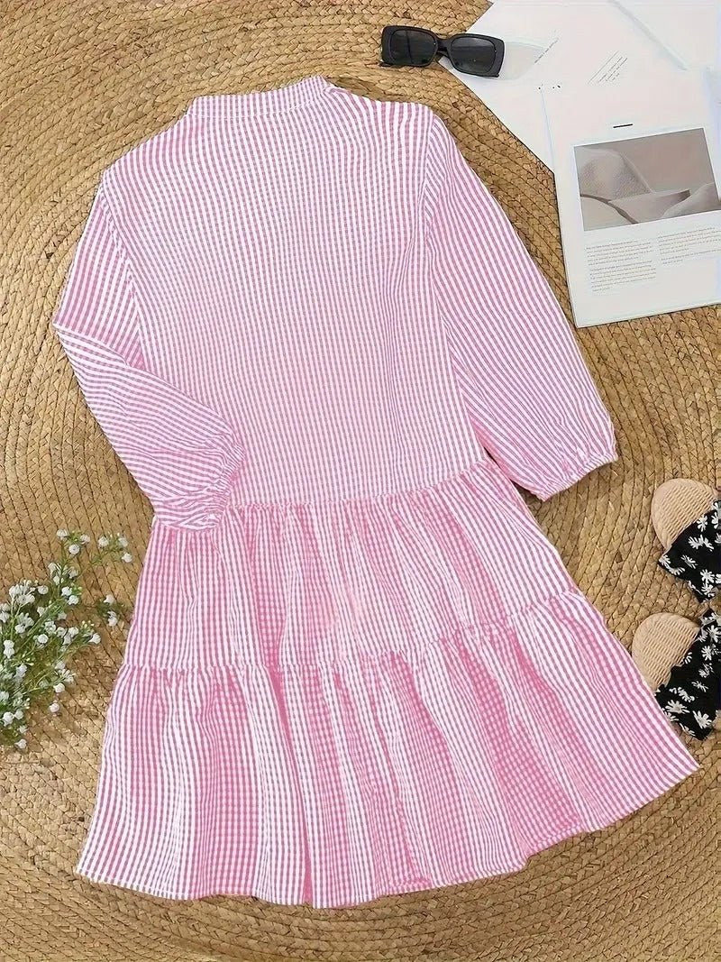 Daisy Women's Striped Smocked Waist Mini Dress 3/4 Sleeve Tiered Hem in Pink