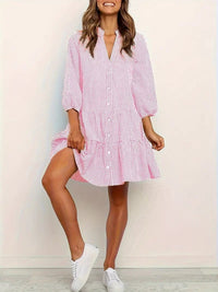 Daisy Women's Striped Smocked Waist Mini Dress 3/4 Sleeve Tiered Hem in Pink