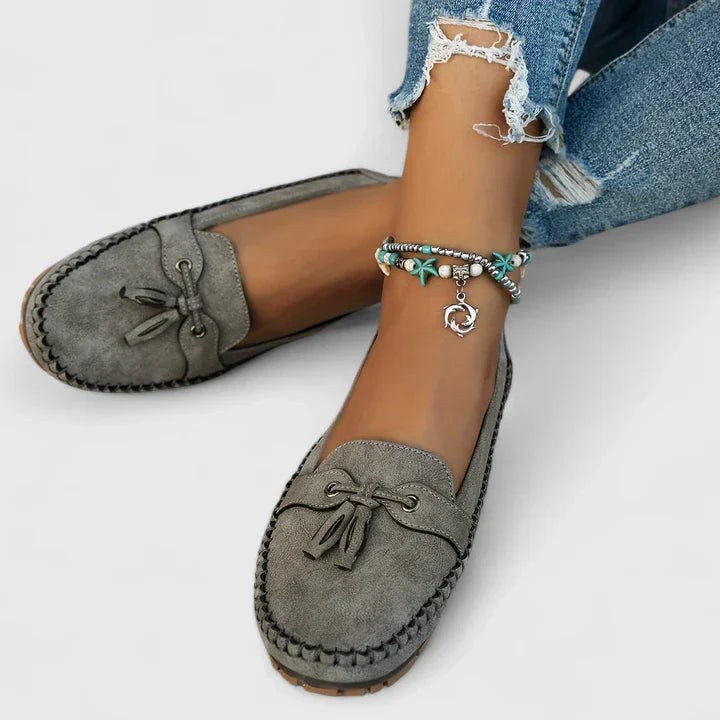 Daisy Women's Suede Bow Loafers Tassel Detail Slip-On Flat in Blue