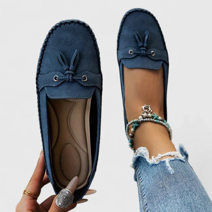 Daisy Women's Suede Bow Loafers Tassel Detail Slip-On Flat in Blue