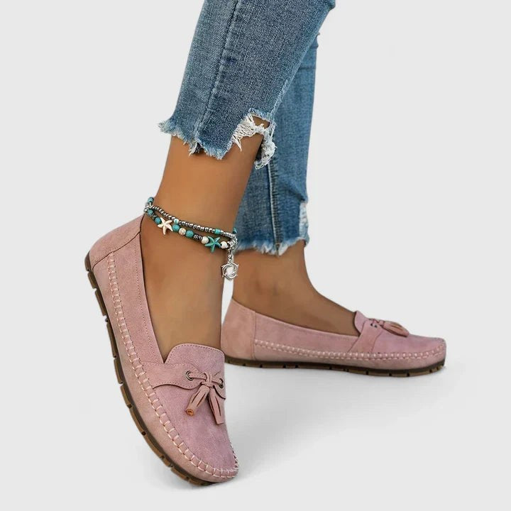 Daisy Women's Suede Bow Loafers Tassel Detail Slip-On Flat in Brown