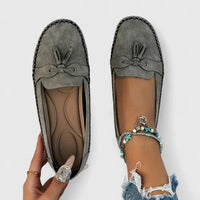 Daisy Women's Suede Bow Loafers Tassel Detail Slip-On Flat in Grey