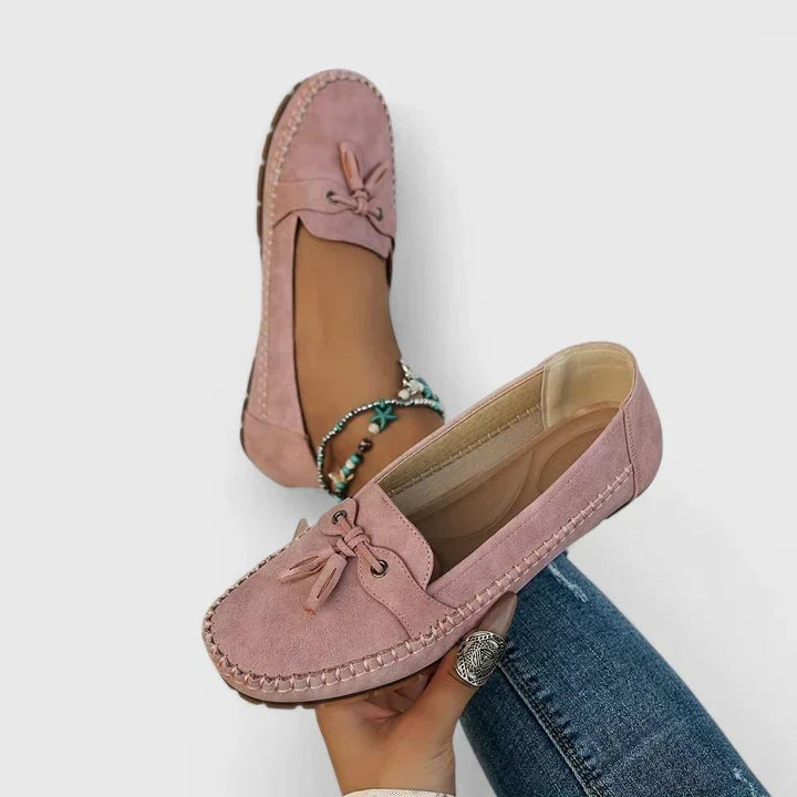 Daisy Women's Suede Bow Loafers Tassel Detail Slip-On Flat in Pink