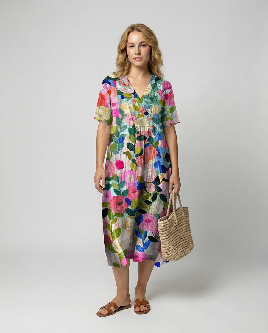 Liv | Women's Casual Floral Linen V-Neck Midi Dress