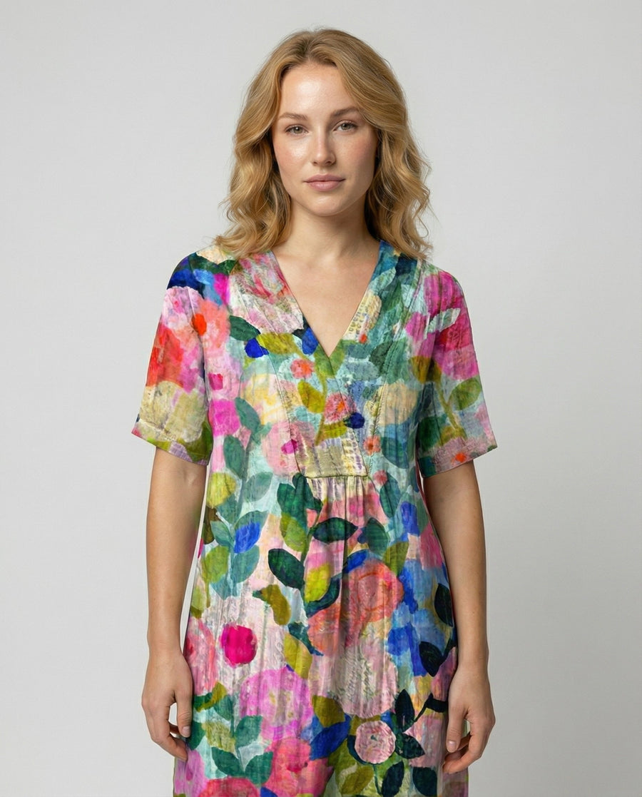 Liv | Women's Casual Floral Linen V-Neck Midi Dress