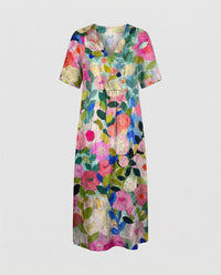 Liv | Women's Casual Floral Linen V-Neck Midi Dress