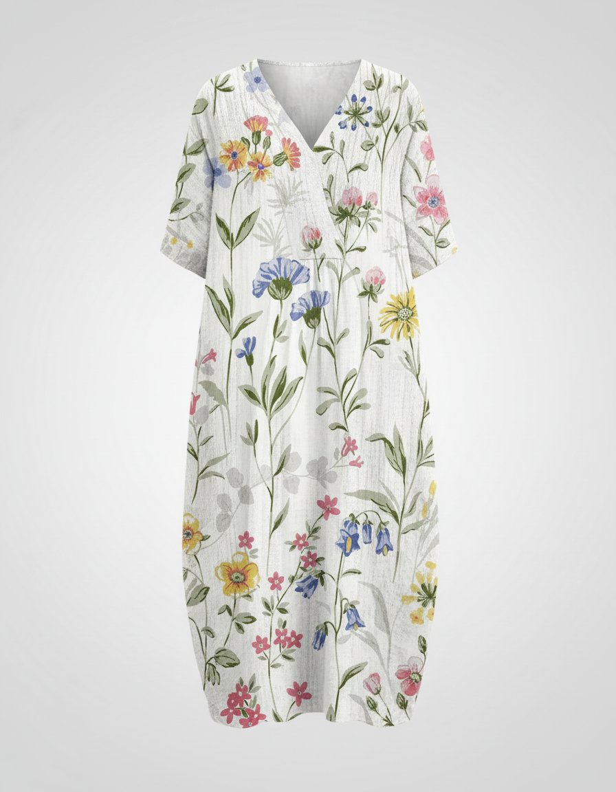 Liv | Women's Casual Floral Linen V-Neck Midi Dress