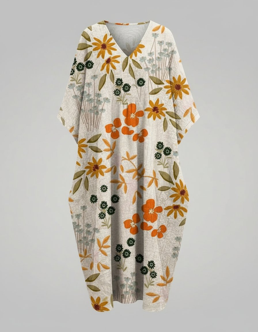 Liv | Women's Casual Floral Linen V-Neck Midi Dress