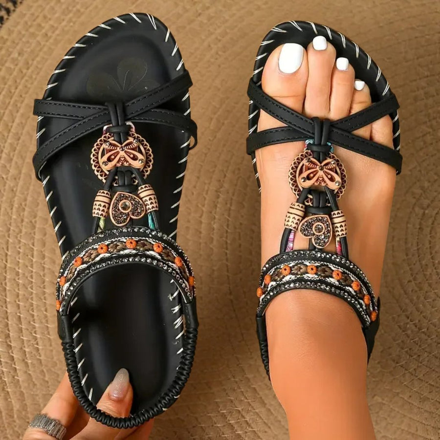 Ida | Women's Flat Boho T-Strap Sandals with Beaded Details