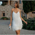Nora | Women's White Fringe Feather V-Neck Cocktail Mini Dress