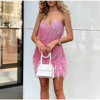 Nora | Women's White Fringe Feather V-Neck Cocktail Mini Dress