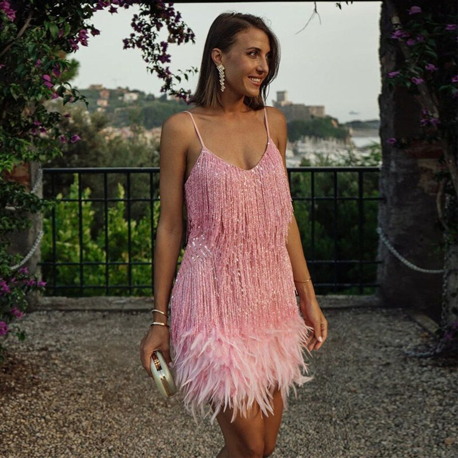 Nora | Women's White Fringe Feather V-Neck Cocktail Mini Dress