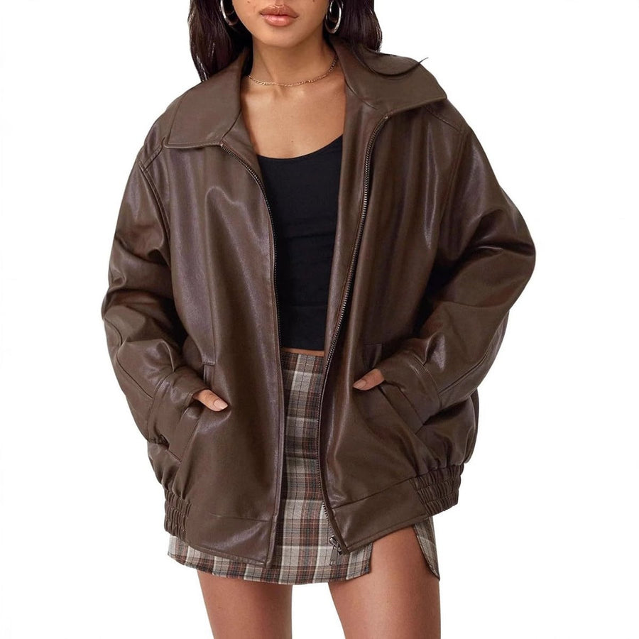 Liv | Women's Oversized Faux Leather Zip Bomber Jacket