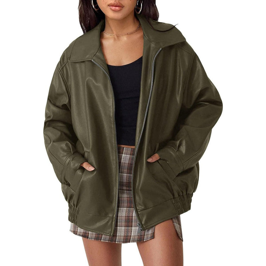 Liv | Women's Oversized Faux Leather Zip Bomber Jacket