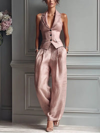 Lea | Women's Sleeveless Linen Vest and Wide Leg Trouser Set