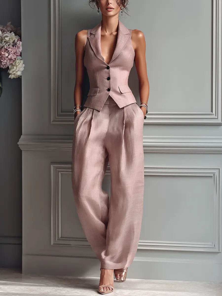 Lea | Women's Sleeveless Linen Vest and Wide Leg Trouser Set
