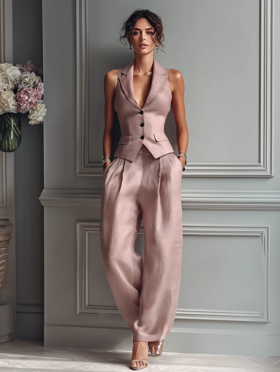 Lea | Women's Sleeveless Linen Vest and Wide Leg Trouser Set