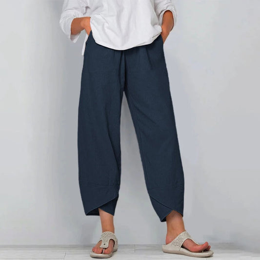 Emilia | Women's Linen Blend Wide Leg Elastic Waist Trousers