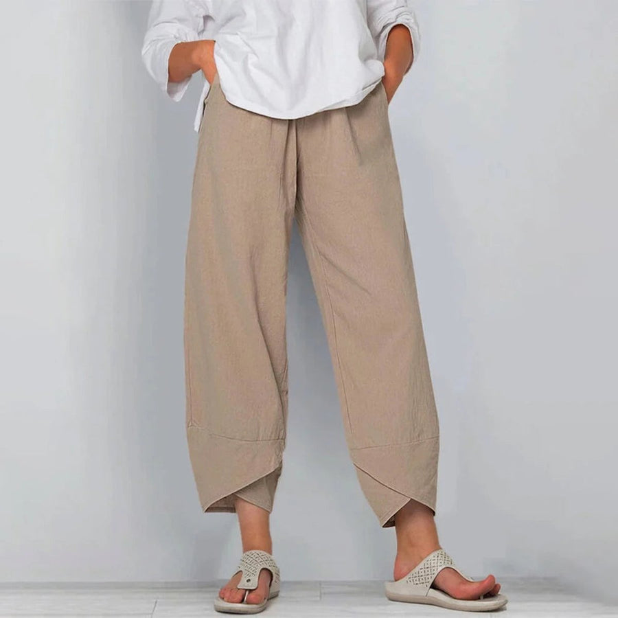 Emilia | Women's Linen Blend Wide Leg Elastic Waist Trousers