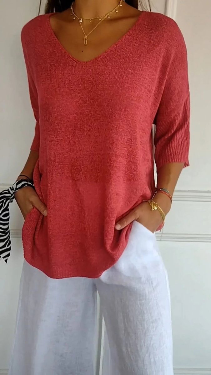 Nora | Women's Relaxed V-Neck Short Sleeve Knit Top