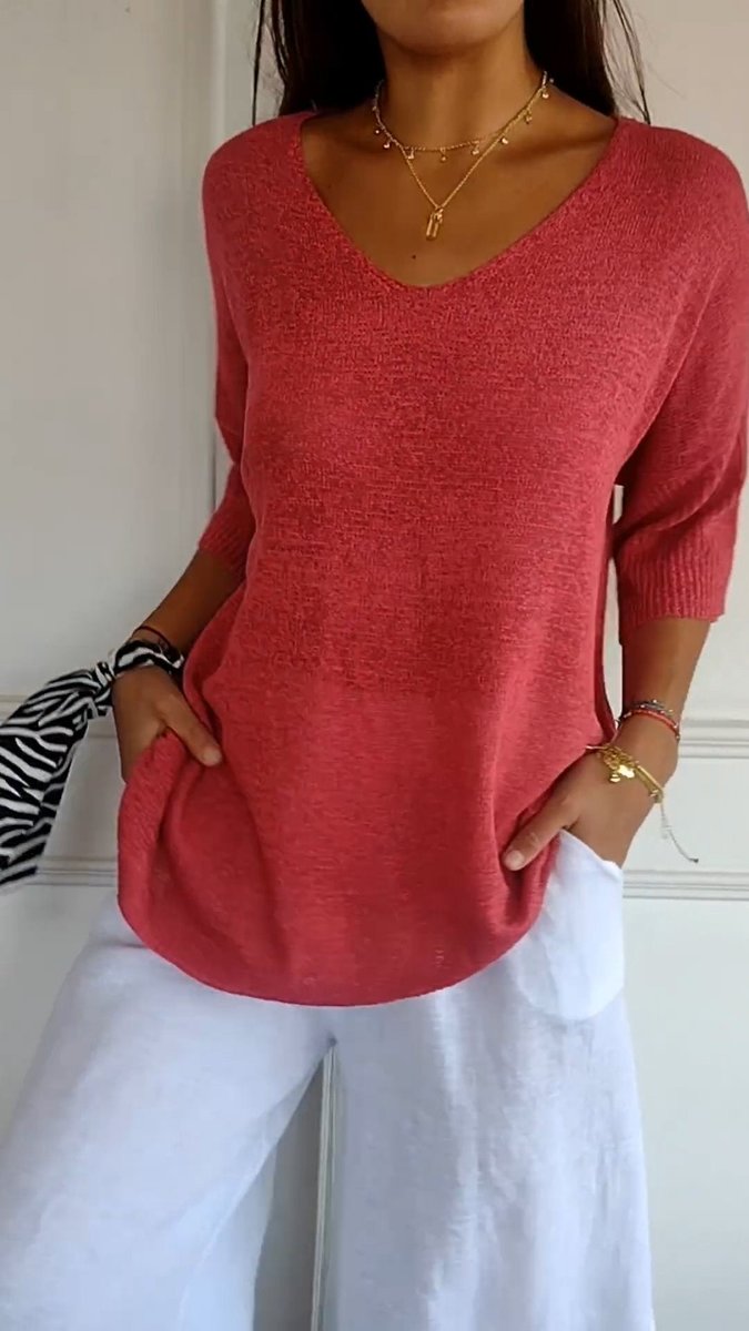 Nora | Women's Relaxed V-Neck Short Sleeve Knit Top