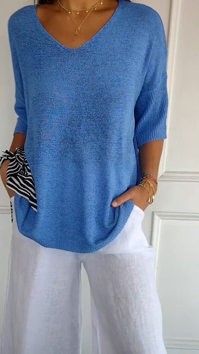 Nora | Women's Relaxed V-Neck Short Sleeve Knit Top