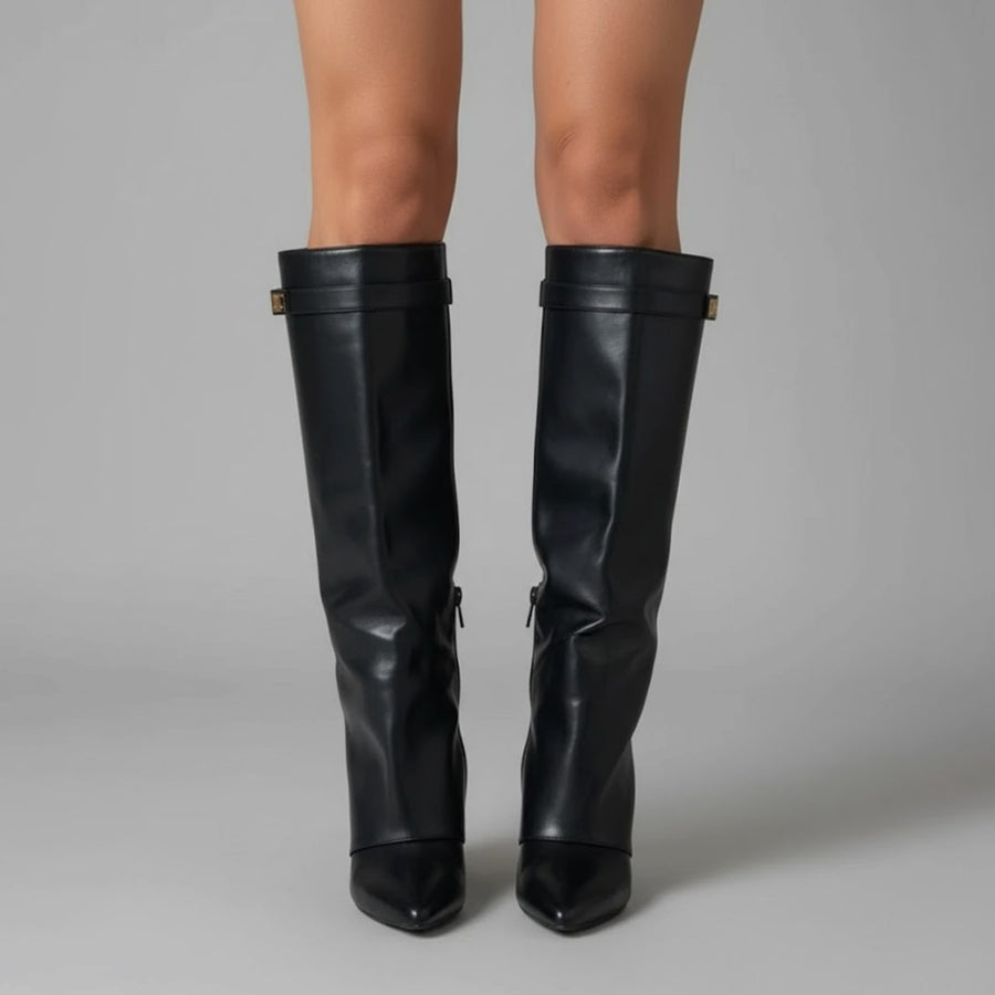 Nora | Women's Suede Pointed Block Heel Over The Knee Buckle Boots