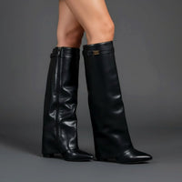 Nora | Women's Suede Pointed Block Heel Over The Knee Buckle Boots