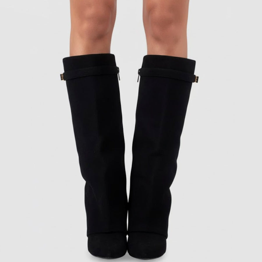 Nora | Women's Suede Pointed Block Heel Over The Knee Buckle Boots