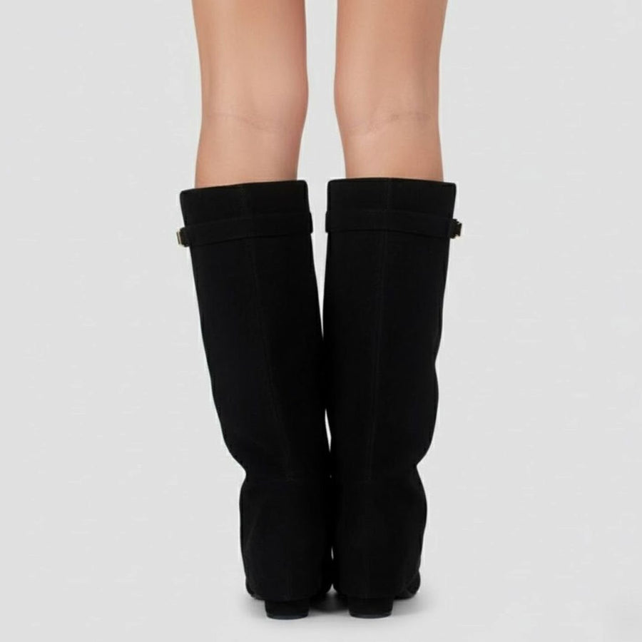 Nora | Women's Suede Pointed Block Heel Over The Knee Buckle Boots