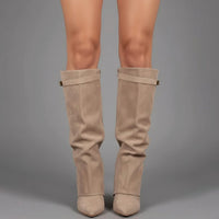 Nora | Women's Suede Pointed Block Heel Over The Knee Buckle Boots