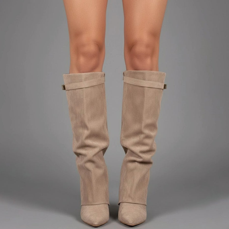 Nora | Women's Suede Pointed Block Heel Over The Knee Buckle Boots