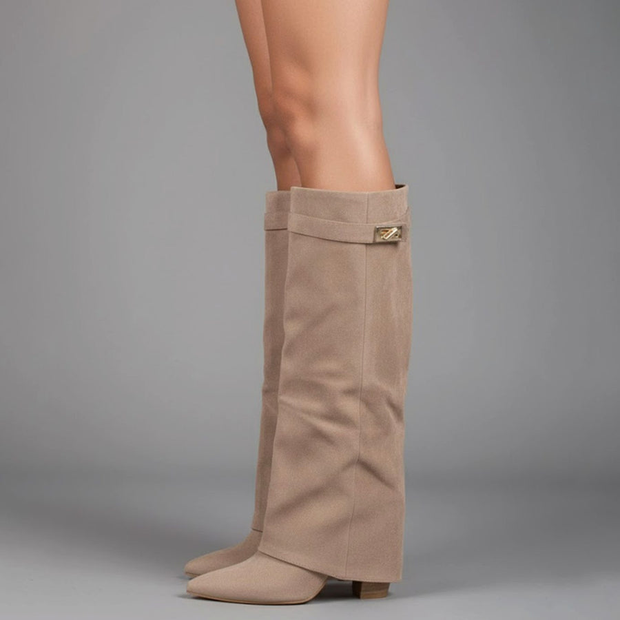 Nora | Women's Suede Pointed Block Heel Over The Knee Buckle Boots