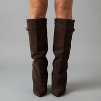 Nora | Women's Suede Pointed Block Heel Over The Knee Buckle Boots