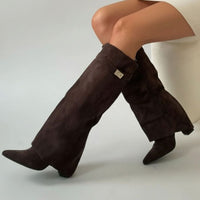 Nora | Women's Suede Pointed Block Heel Over The Knee Buckle Boots