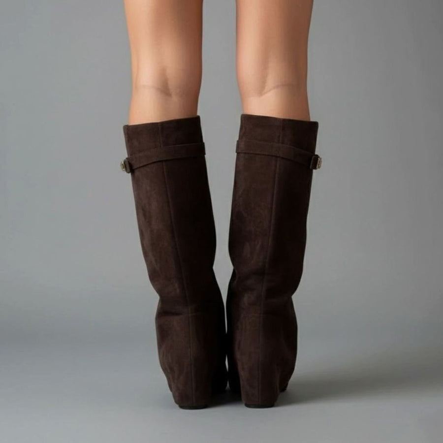 Nora | Women's Suede Pointed Block Heel Over The Knee Buckle Boots