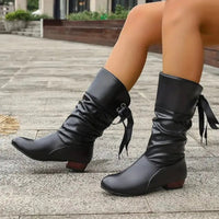 Marie | Women's Faux Leather Block Heel Lace-Up Calf Boots