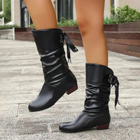Marie | Women's Faux Leather Block Heel Lace-Up Calf Boots