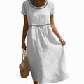 Olivia | Women's A-Line Linen Look Short Sleeve Midi Dress with Lace Details
