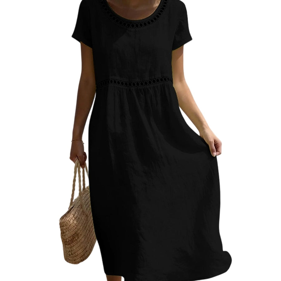 Olivia | Women's A-Line Linen Look Short Sleeve Midi Dress with Lace Details