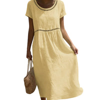 Olivia | Women's A-Line Linen Look Short Sleeve Midi Dress with Lace Details