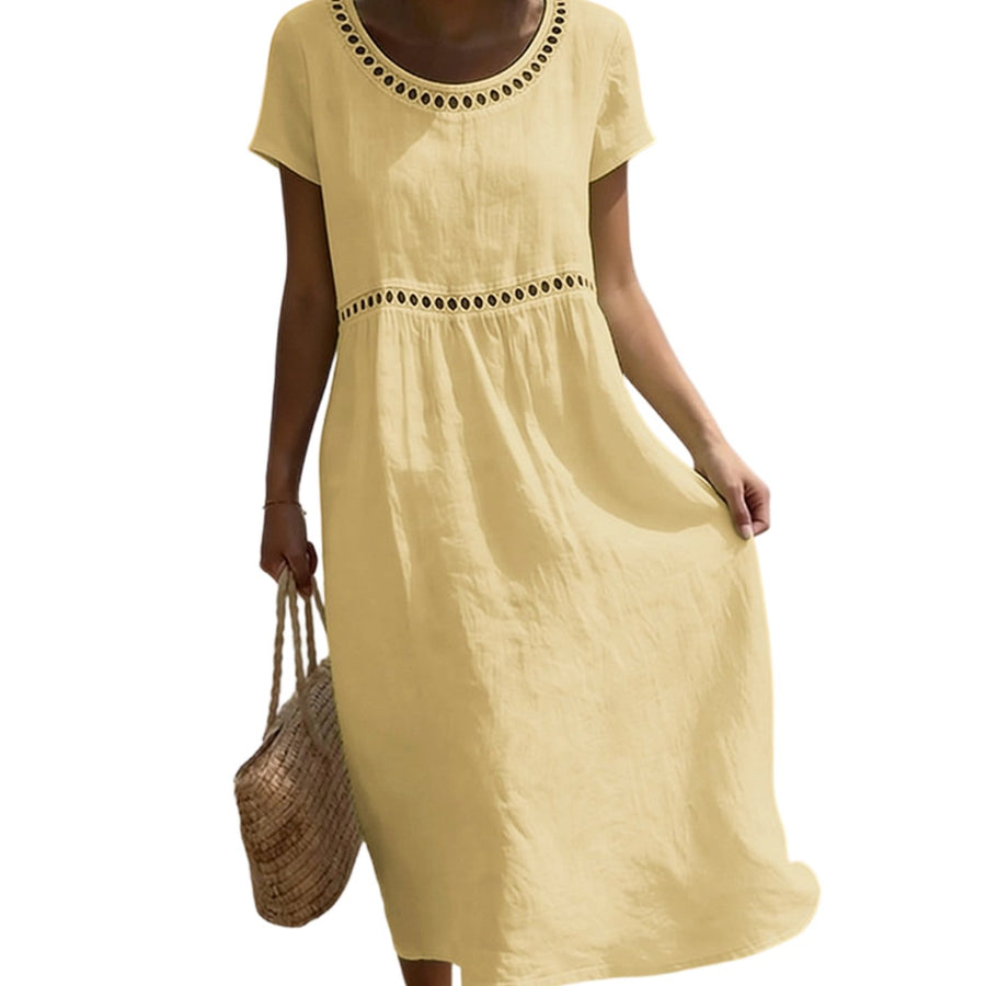 Olivia | Women's A-Line Linen Look Short Sleeve Midi Dress with Lace Details
