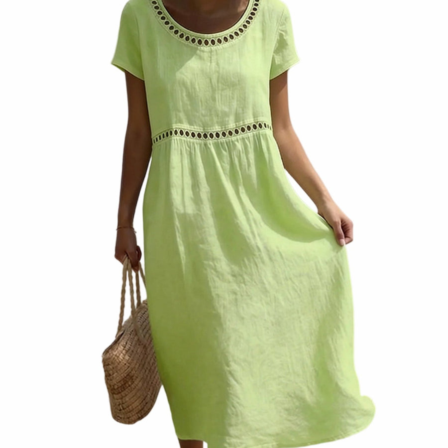 Olivia | Women's A-Line Linen Look Short Sleeve Midi Dress with Lace Details