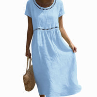 Olivia | Women's A-Line Linen Look Short Sleeve Midi Dress with Lace Details